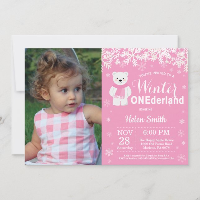 Winter Onederland Polar Bear Girl 1st Birthday Invitation (Front)