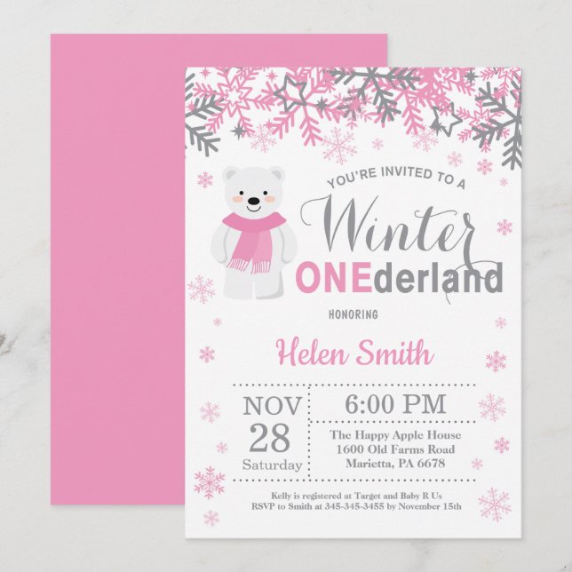 Winter Onederland Polar Bear Girl 1st Birthday Invitation (Front/Back)