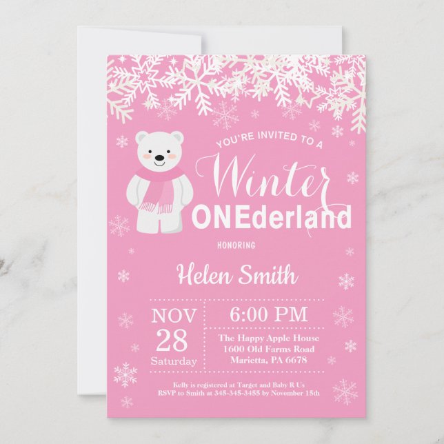 Winter Onederland Polar Bear Girl 1st Birthday Invitation (Front)