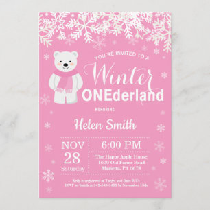 Winter Onederland Polar Bear Girl 1st Birthday Invitation