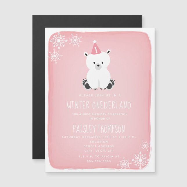 Winter Onederland Polar Bear Pink First Birthday Magnetic Invitation (Front/Back)