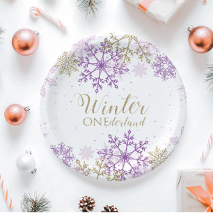 Winter Onederland Purple and Gold Snowflake Plate