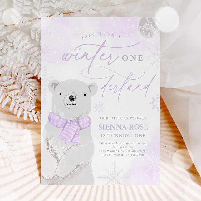 Winter Onederland Purple Polar Bear Birthday Invitation (Creator Uploaded)