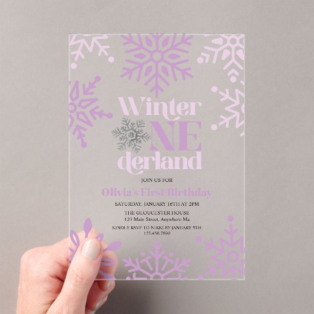Winter Onederland Purple Snowflake 1st Birthday Acrylic Invitations (Insitu (Handheld))