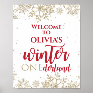 Winter Onederland Red 1st Birthday Gold Snowflakes Poster