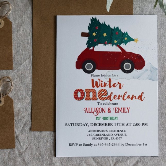Winter Onederland Red Car with Twin 1St Birthday Invitation (Creator Uploaded)