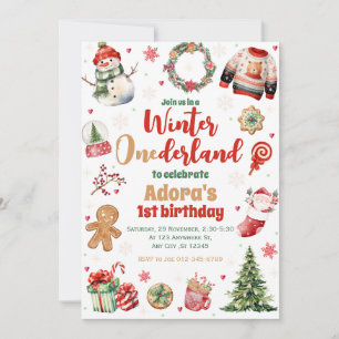 Winter ONEderland Red Christmas Birthday Invite
