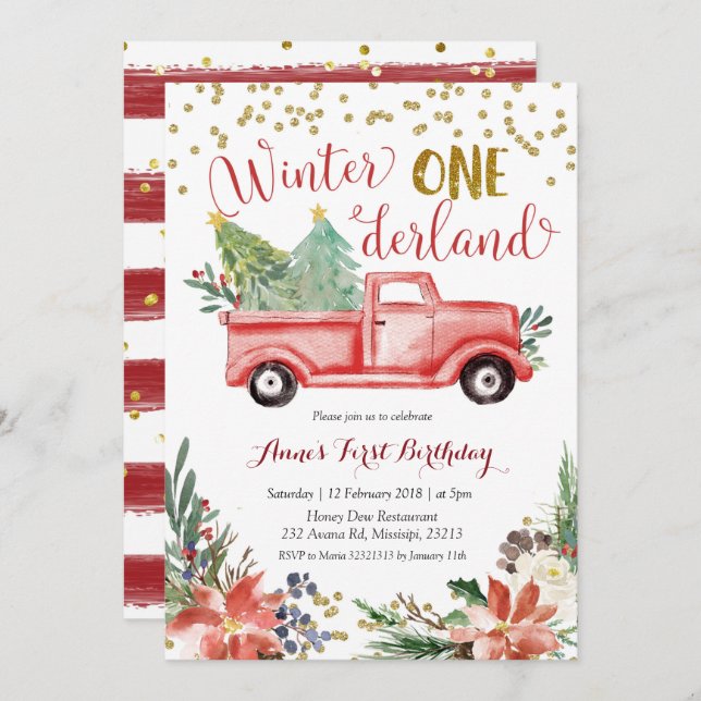 Winter Onederland Red Christmas Truck Birthday Invitation (Front/Back)