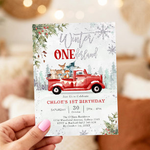 Winter ONEderland Red Truck 1st Birthday Invitatio Invitation