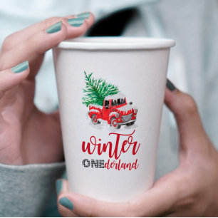 Winter Onederland Red Truck First Birthday Paper Cups