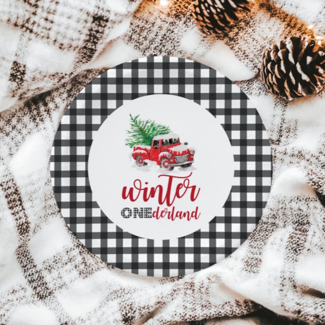 Winter Onederland Red Truck First Birthday Paper Plate (Creator Uploaded)