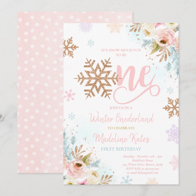 Winter ONEderland Rose Gold Blush Pink Birthday Invitation (Front/Back)
