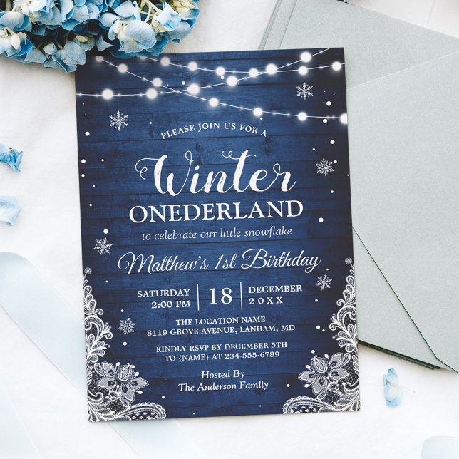 Winter ONEderland Rustic Blue Baby First Birthday Invitation (Creator Uploaded)
