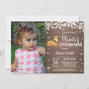 Winter Onederland Rustic Deer Girl 1st Birthday Invitation
