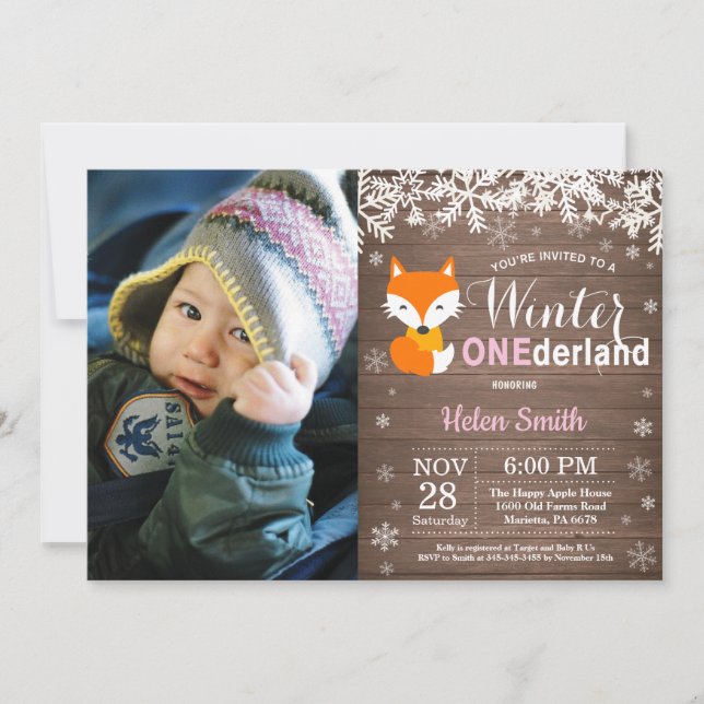 Winter Onederland Rustic Fox Girl 1st Birthday Invitation (Front)