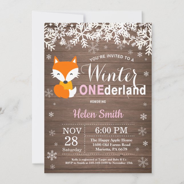 Winter Onederland Rustic Fox Girl 1st Birthday Invitation (Front)