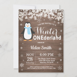 Winter Onederland Rustic Penguin Boy 1st Birthday Invitation