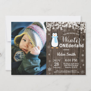 Winter Onederland Rustic Penguin Boy 1st Birthday Invitation