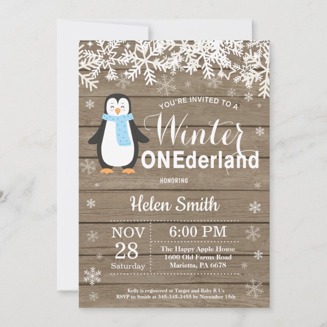 Winter Onederland Rustic Penguin Boy 1st Birthday Invitation (Front)