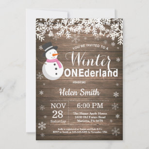 Winter Onederland Rustic Snowman Girl 1st Birthday Invitation
