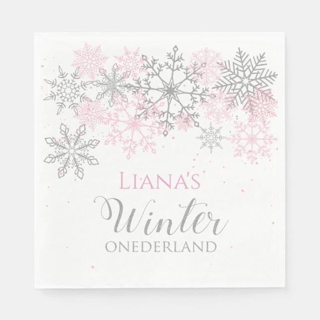 Winter Onederland Silver and Pink Napkin (Front)