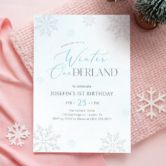 Winter Onederland Silver Blue Glitter 1st Birthday Invitation