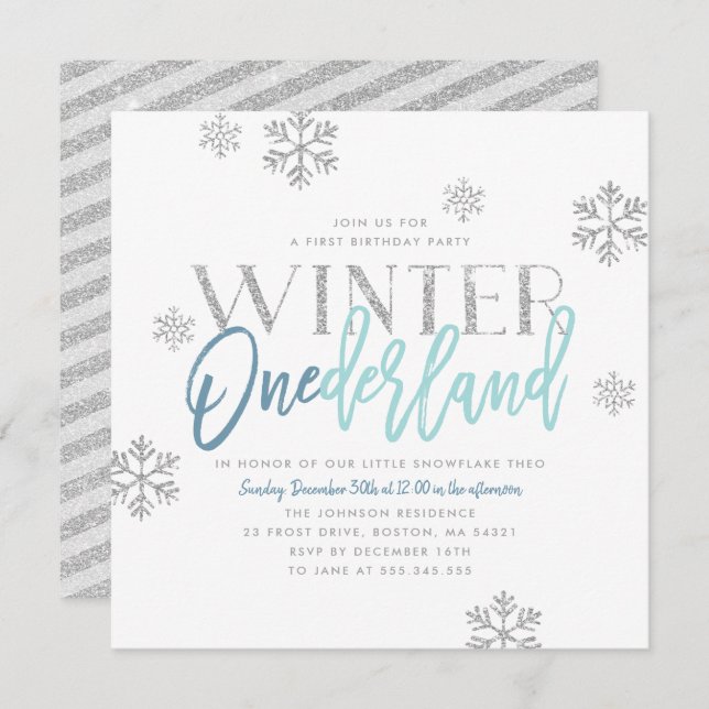 Winter ONEderland Silver Glitter Blue 1st Birthday Invitation (Front/Back)