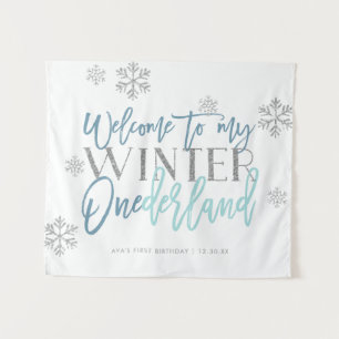 Winter ONEderland Silver Glitter Blue Welcome Sign Tapestry