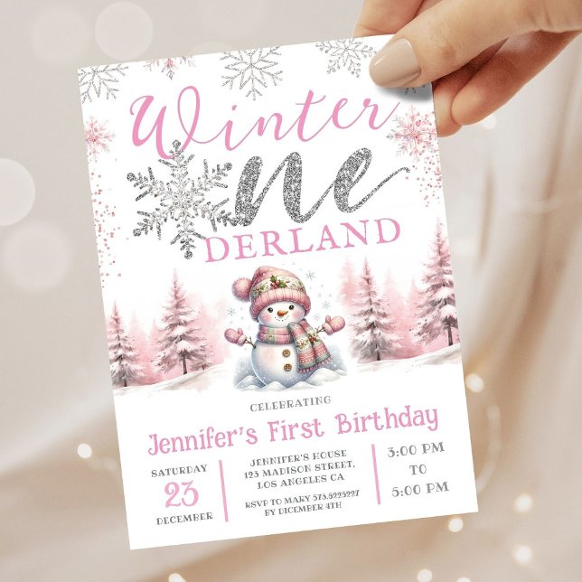 Winter Onederland Silver Glitter Pink 1st Birthday Invitation (Creator Uploaded)