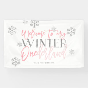 Winter ONEderland Silver Glitter Pink Welcome Sign