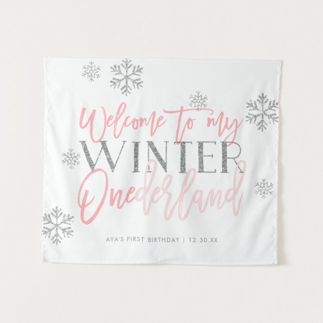 Winter ONEderland Silver Glitter Pink Welcome Sign Tapestry (Front (Horizontal))