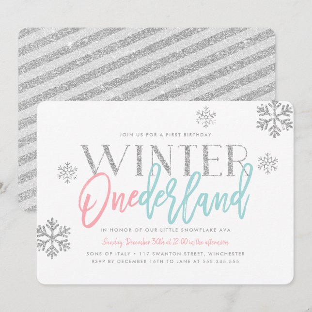 Winter ONEderland Silver Glittery 1st Birthday Invitation (Front/Back)