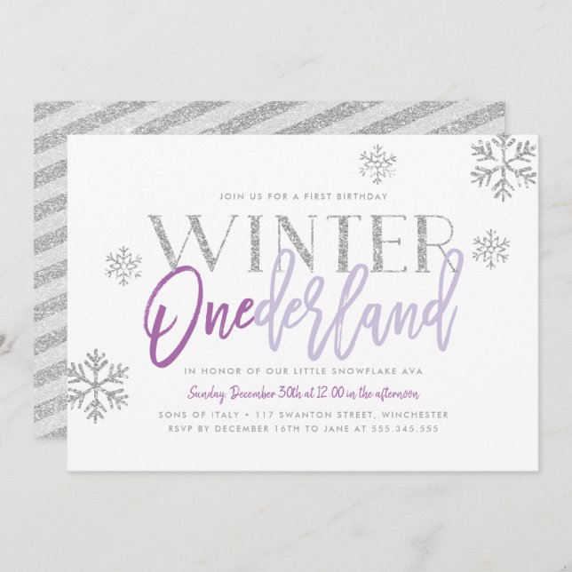 Winter ONEderland Silver Glitz Purple 1st Birthday Invitation (Front/Back)