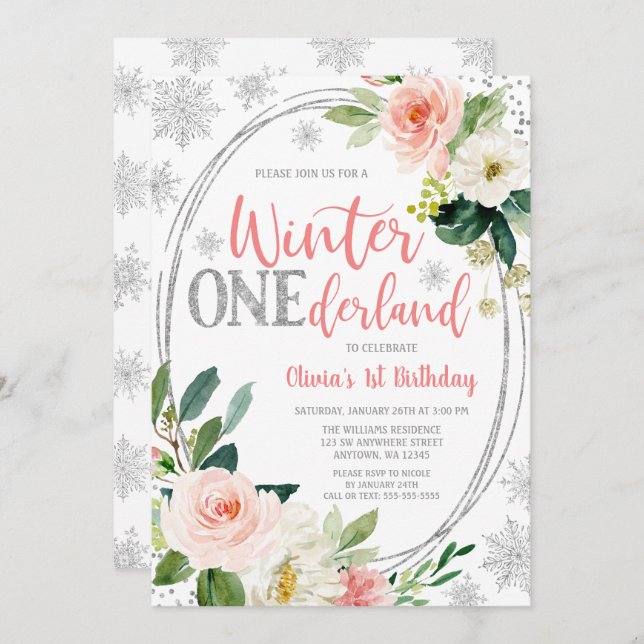 Winter ONEderland Silver Pink Floral Birthday Invitation (Front/Back)