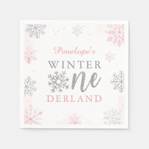 Winter Onederland Silver Pink Girl 1st Birthday Napkin