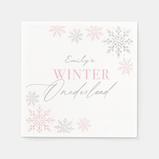 Winter Onederland Silver Pink Glitter 1st Birthday Napkin (Front)