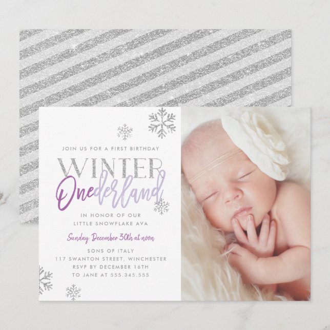 Winter ONEderland Silver Purple 1st Birthday Photo Invitation (Front/Back)