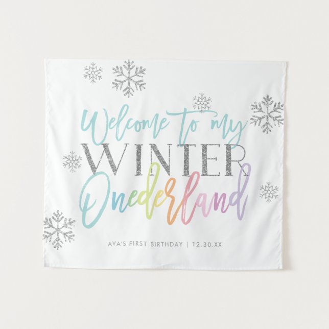 Winter ONEderland Silver Rainbow Welcome Sign Tapestry (Front (Horizontal))
