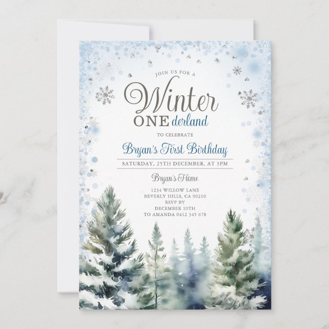 Winter Onederland Silver Snowflakes Tree Birthday Invitation (Front)