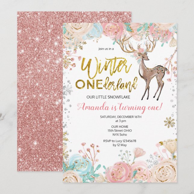 Winter ONEderland Snow Birthday Invitation Gold (Front/Back)
