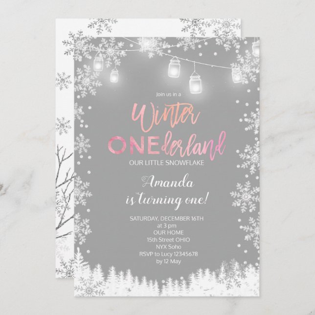 Winter ONEderland Snow Birthday Invite PINK (Front/Back)