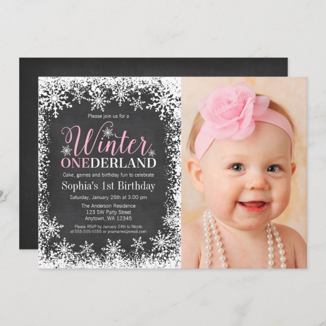 Winter ONEderland Snow Chalkboard 1st Birthday Invitation (Front/Back)