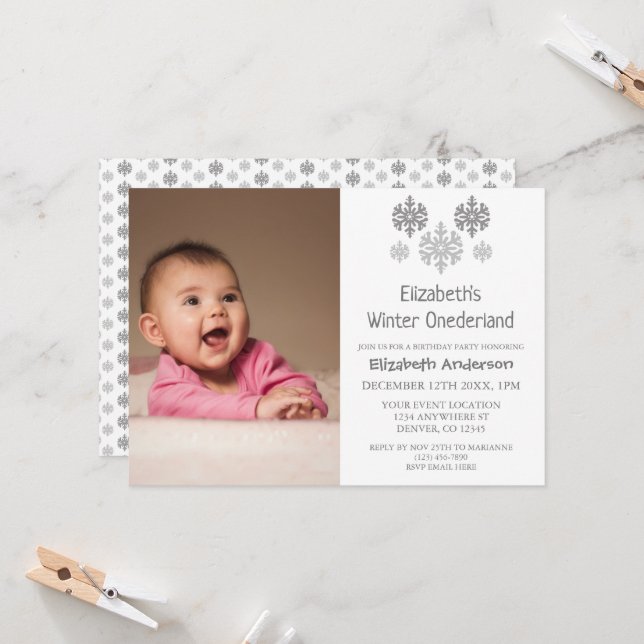 Winter Onederland Snowflake 1st Birthday Invitation (Front/Back In Situ)