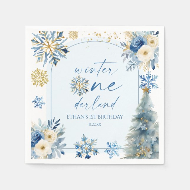 Winter Onederland Snowflake 1st Birthday Party Napkin (Front)