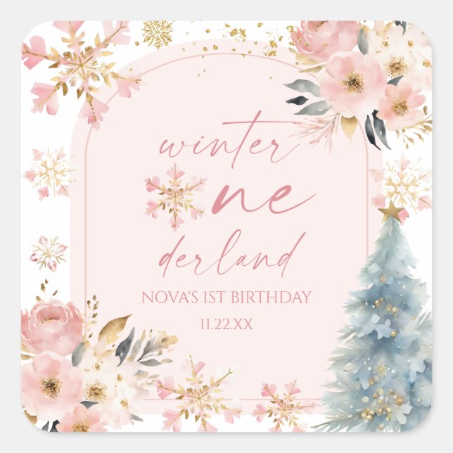 Winter Onederland Snowflake 1st Birthday Party Square Sticker (Front)