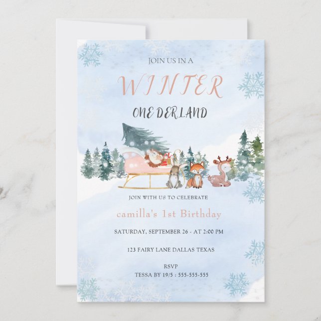 Winter Onederland Snowflake Animal Birthday  Invitation (Front)