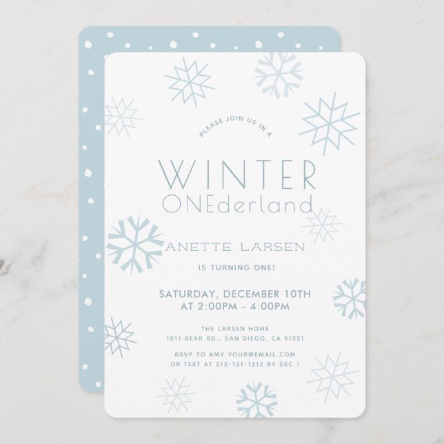 Winter Onederland Snowflake Blue 1st Birthday Invitation (Front/Back)