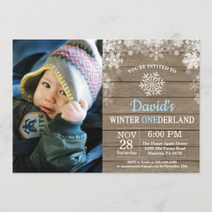 Winter Onederland Snowflake Blue Boy 1st Birthday Invitation