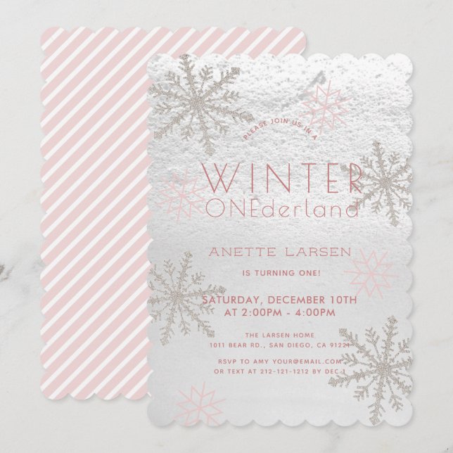 Winter Onederland Snowflake Pink 1st Birthday Invitation (Front/Back)