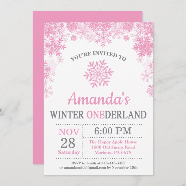 Winter Onederland Snowflake Pink Girl 1st Birthday Invitation (Front/Back)